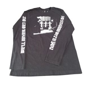 Black Long Sleeve Graphic Tee with White Sleeve Text